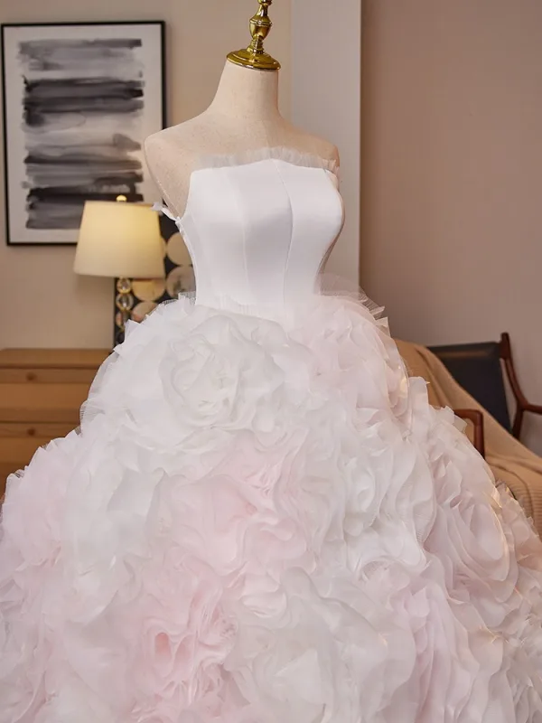 Flower Fairy White Rose Ball Gown Wedding Dresses 2025 Cascading Ruffles Ball Gown Strapless Sleeveless Backless Sweep Train
