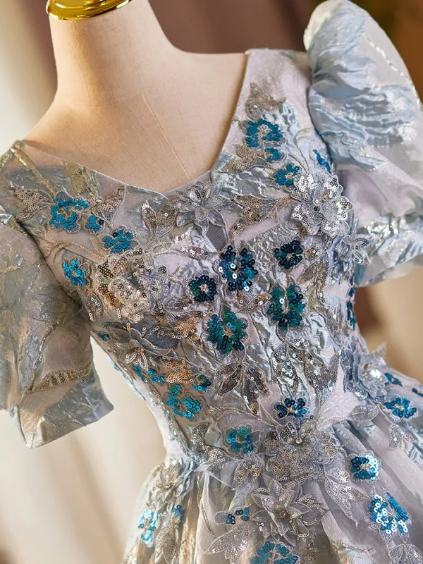 Elegant Grey Beading Sequins Lace Flower Prom Dresses 2025 Ball Gown V-Neck Short Sleeve Floor-Length / Long Prom Formal Dresses