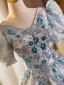Elegant Grey Beading Sequins Lace Flower Prom Dresses 2025 Ball Gown V-Neck Short Sleeve Floor-Length / Long Prom Formal Dresses