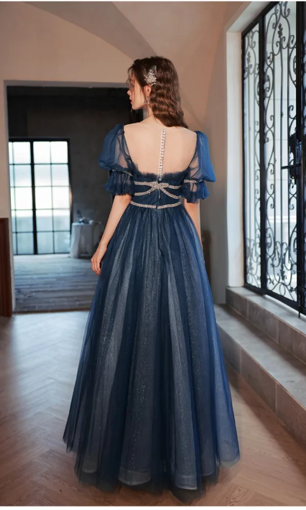 Chic / Beautiful Ocean Blue Sequins Prom Dresses 2022 A-Line / Princess Scoop Neck Short Sleeve Floor-Length / Long Prom Formal Dresses