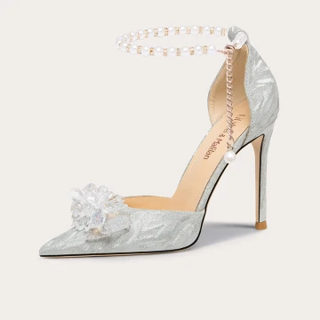 Charmant Argenté Cristal Glitter Chaussure De Mariée 2023 Cuir Perlage Bride Cheville 10 Cm Talons Aiguilles À Bout Pointu Mariage Sandales Talons Hauts