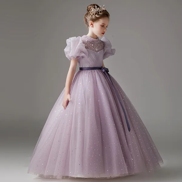 Chic / Beautiful Purple Rhinestone Sequins Bow Sash Birthday Flower Girl Dresses 2025 Ball Gown Scoop Neck Short Sleeve Floor-Length / Long Flower Girl Dresses