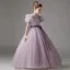 Chic / Beautiful Purple Rhinestone Sequins Bow Sash Birthday Flower Girl Dresses 2025 Ball Gown Scoop Neck Short Sleeve Floor-Length / Long Flower Girl Dresses