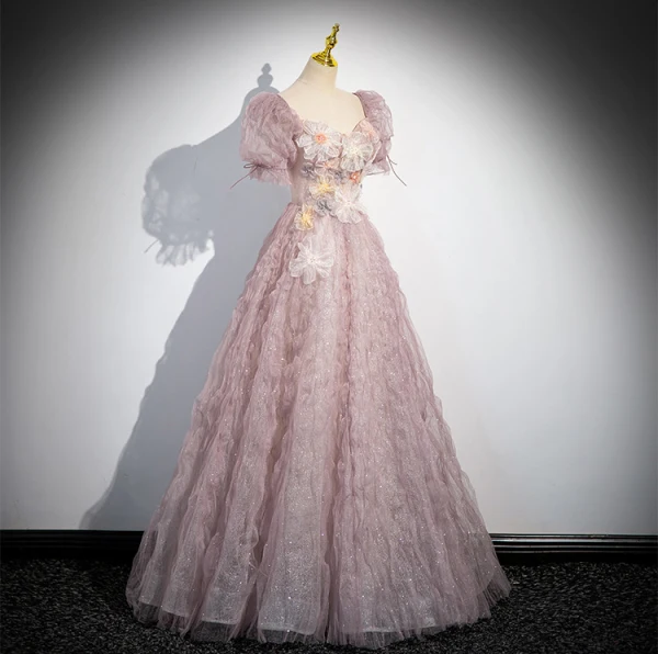 Chic / Belle Rougissant Rose Glitter Appliques Volants Robe De Bal 2024 Princesse Encolure Carrée Manches Courtes Dos Nu Longue Promo Robe De Ceremonie