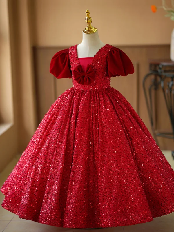 Bling Bling Burgundy Sequins Birthday Flower Girl Dresses 2024 Ball Gown Square Neckline Puffy Short Sleeve Backless Floor-Length / Long