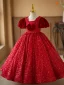 Bling Bling Burgundy Sequins Birthday Flower Girl Dresses 2024 Ball Gown Square Neckline Puffy Short Sleeve Backless Floor-Length / Long