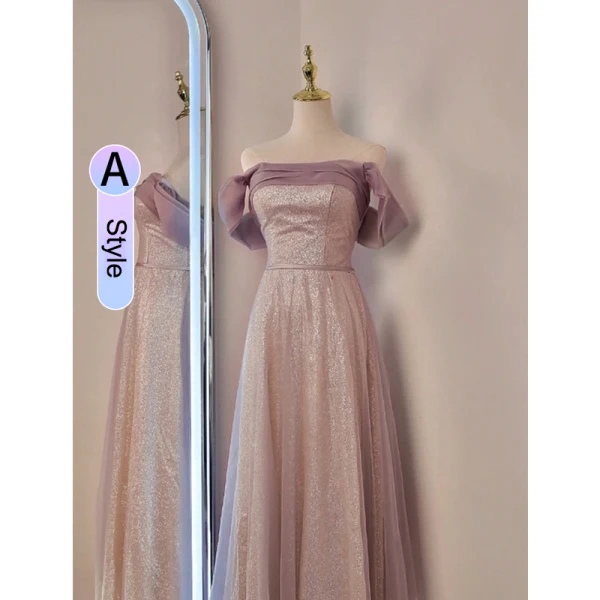 Chic / Beautiful Blushing Pink Glitter Bridesmaid Dresses 2023 A-Line / Princess Short Sleeve Backless Tea-length Bridesmaid Dresses