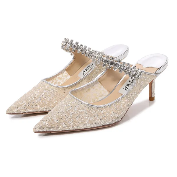 Charmant Silber Abend Strass Pailletten Sandalen Damen 2023 7 cm Stilettos Spitzschuh Sandaletten Hochhackige
