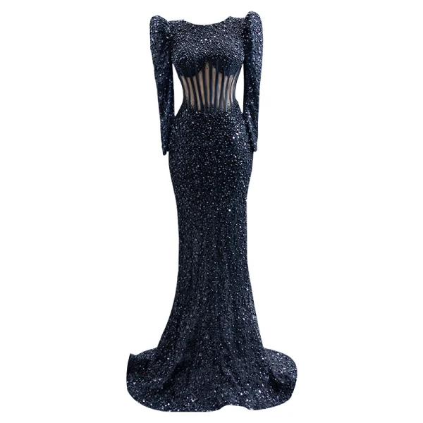 Haut de Gamme Noire Fait main Perle Paillettes Robe De Soirée 2023 Trompette / Sirène Encolure Dégagée Manches Longues Dos Nu Train De Balayage Soirée Robe De Ceremonie