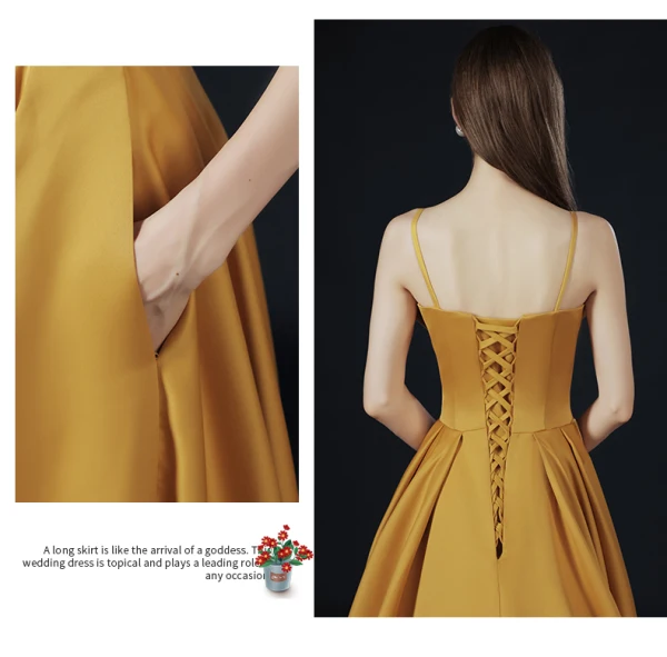 Vintage Gul Sløjfe Gallakjoler 2021 Prinsesse Krydsede Remme Solid Farve Satin Spaghetti Straps Ærmeløs Forlovelses Kjoler Feje tog