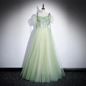 Chic Belle Vert Cendré Perlage Robe De Bal 2023 Princesse Bretelles Spaghetti Manches Courtes Dos Nu Longue Promo Robe De Ceremonie