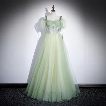Chic Belle Vert Cendré Perlage Robe De Bal 2023 Princesse Bretelles Spaghetti Manches Courtes Dos Nu Longue Promo Robe De Ceremonie