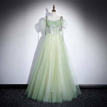 Chic Belle Vert Cendré Perlage Robe De Bal 2023 Princesse Bretelles Spaghetti Manches Courtes Dos Nu Longue Promo Robe De Ceremonie