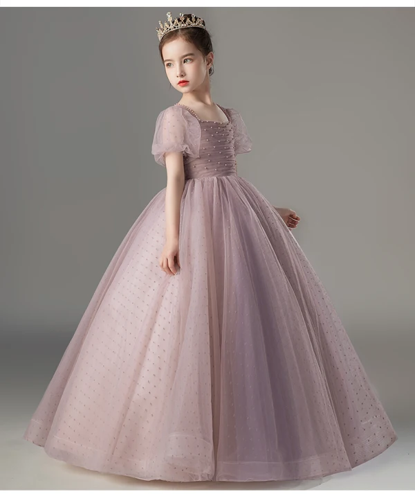 Chic / Beautiful Purple Pearl Prom Flower Girl Dresses 2022 Ball Gown Square Neckline Short Sleeve Backless Floor-Length / Long