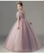 Chic / Beautiful Purple Pearl Prom Flower Girl Dresses 2022 Ball Gown Square Neckline Short Sleeve Backless Floor-Length / Long