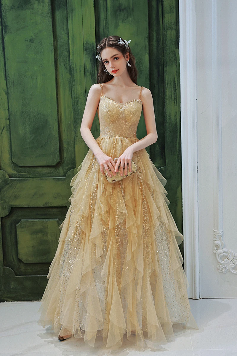 Sparkly Charming Gold Sequins Prom Dresses 2022 A-Line Princess Spaghetti Straps Ruffles