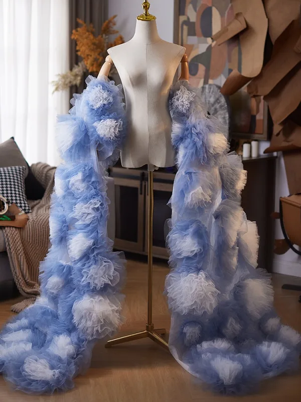 Luxury / Gorgeous Two Tone Sky Blue Handmade Puffy Flower Prom Jackets & wraps shawl 2025