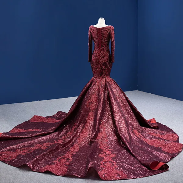 Luxury / Gorgeous High-end Burgundy Evening Dresses 2022 Trumpet / Mermaid Scoop Neck Beading Pearl Rhinestone Sequins Long Sleeve Royal Train Evening Party Formal Dresses