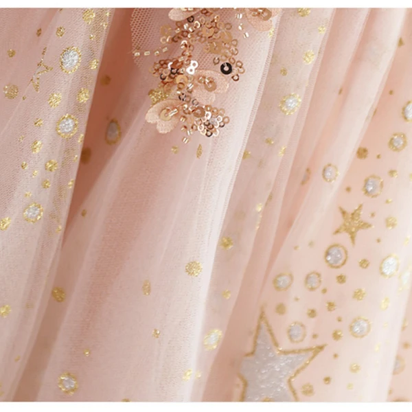 Bling Bling Blushing Pink Beading Star Sequins Birthday Flower Girl Dresses 2023 Ball Gown Scoop Neck Short Sleeve Backless Floor-Length / Long Flower Girl Dresses