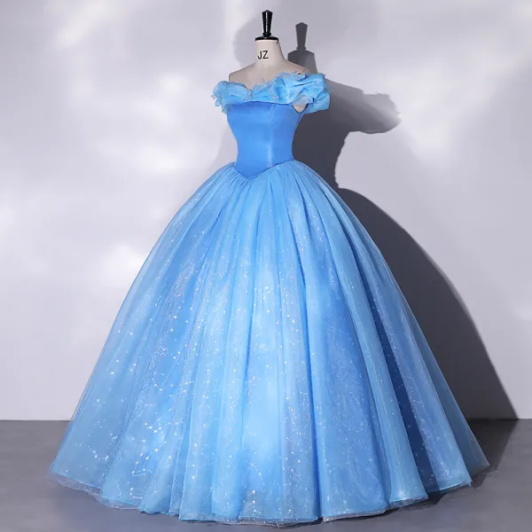 Cinderella Elegant Sky Blue Sequins Prom Dresses 2023 Ball Gown Ruffle ...