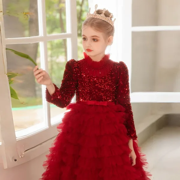 Sparkly Sage Green Cascading Ruffles Sequins Birthday Flower Girl Dresses 2024 A-Line / Princess High Neck Long Sleeve Bow Sash Floor-Length / Long Flower Girl Dresses
