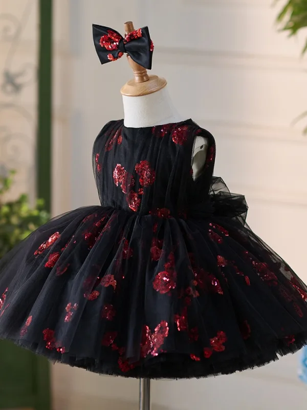 Chic / Beautiful Black Red Sequins Birthday Flower Girl Dresses 2024 Ball Gown Scoop Neck Sleeveless Short Bow