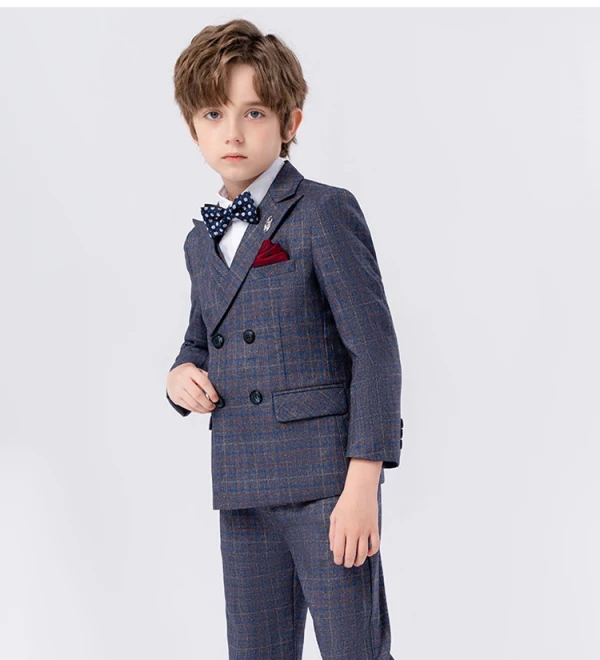Fashion Brown 5-piece Long Sleeve Boys Wedding Suits 2024 Body Jewellery Coat Pants Tie Vest