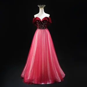 Chic Belle Bordeaux Faux Diamant Paillettes Robe De Bal 2025 Princesse Bustier Sans Manches Dos Nu Longue Promo Robe De Ceremonie