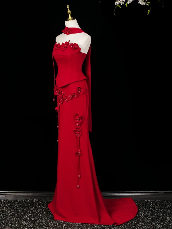 Chic / Belle Rouge Perlage Appliques Robe De Soirée 2026 Trompette / Sirène Bustier Sans Manches Dos Nu Train De Balayage Robe De Ceremonie