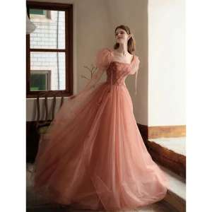 Chic Beautiful Blushing Pink Prom Dresses 2022 A Line Princess Square Neckline Puffy Short Sleeve Backless Floor Length Long Prom Formal Dresses