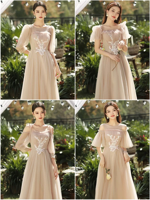 Modest / Simple Champagne Lace Flower Bridesmaid Dresses 2023 A-Line / Princess Scoop Neck Short Sleeve Backless Floor-Length / Long Bridesmaid Dresses