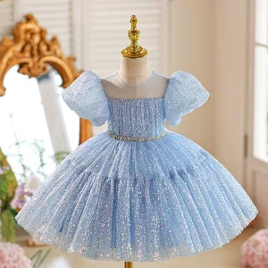 Bling Bling Bleu Ciel Paillettes Anniversaire Courte Robe Ceremonie Fille 2025 Robe Boule Encolure Dégagée Gonflée Manches Courtes Tulle