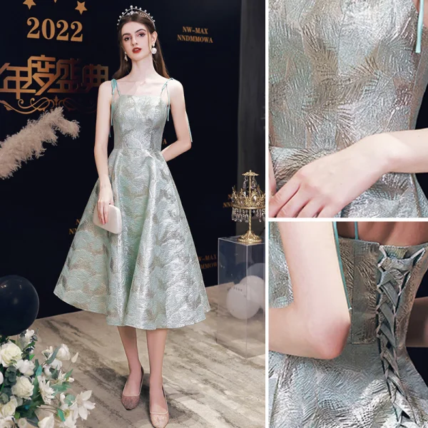 Sexy Vert Citron Robe De Soirée 2023 Princesse Bretelles Spaghetti Sans Manches Dos Nu Thé Longueur Soirée Robe De Ceremonie
