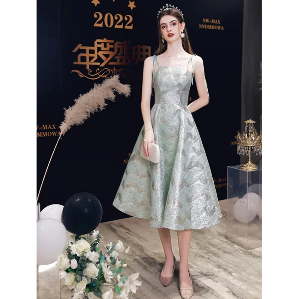 Sexy Mint Green Evening Dresses 2023 A-Line / Princess Spaghetti Straps Sleeveless Backless Tea-length Evening Party Formal Dresses Sexy Mint Green Evening Dresses 2023 A-Line / Princess Spaghetti Straps Sleeveless Backless Tea-length Evening Party Formal Dresses