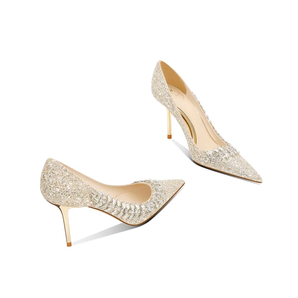 Charmig Glittrande Guld Rhinestone Paljetter Läder Brudskor 2024 8 cm Stilettklackar Spetsiga Bröllop Pumps Högklackade