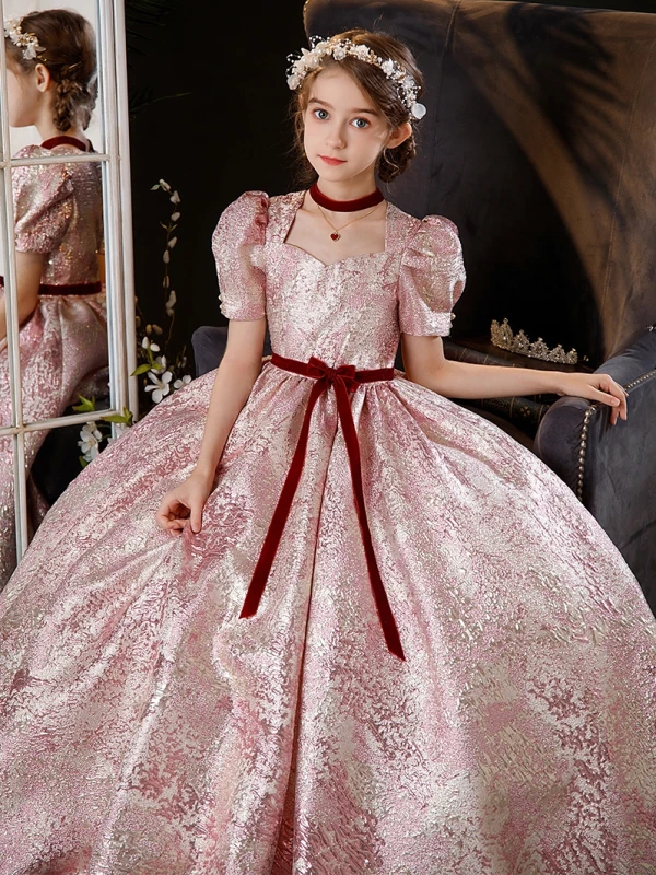 Elegant Blushing Pink Glitter Birthday Flower Girl Dresses 2024 Ball Gown Square Neckline Short Sleeve Bow Sash Floor-Length / Long
