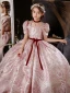 Elegant Blushing Pink Glitter Birthday Flower Girl Dresses 2024 Ball Gown Square Neckline Short Sleeve Bow Sash Floor-Length / Long