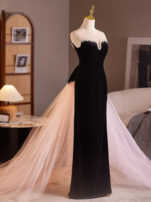 Sexy Black Pearl Trumpet / Mermaid Evening Dresses 2025 Strapless Sleeveless Backless Floor-Length / Long Evening Party Formal Dresses