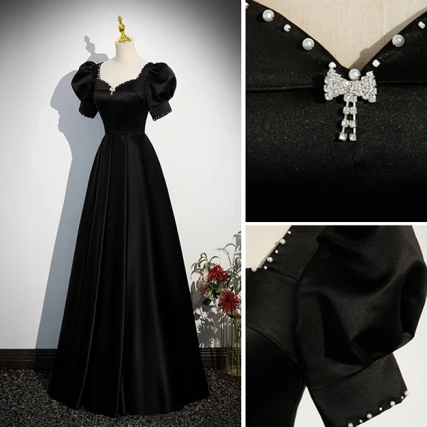 Elegant Black Satin Evening Dresses 2023 A-Line / Princess Pearl Square Neckline Rhinestone Bow Puffy Short Sleeve Backless Floor-Length / Long Evening Party Formal Dresses