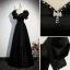 Elegant Black Satin Evening Dresses 2023 A-Line / Princess Pearl Square Neckline Rhinestone Bow Puffy Short Sleeve Backless Floor-Length / Long Evening Party Formal Dresses