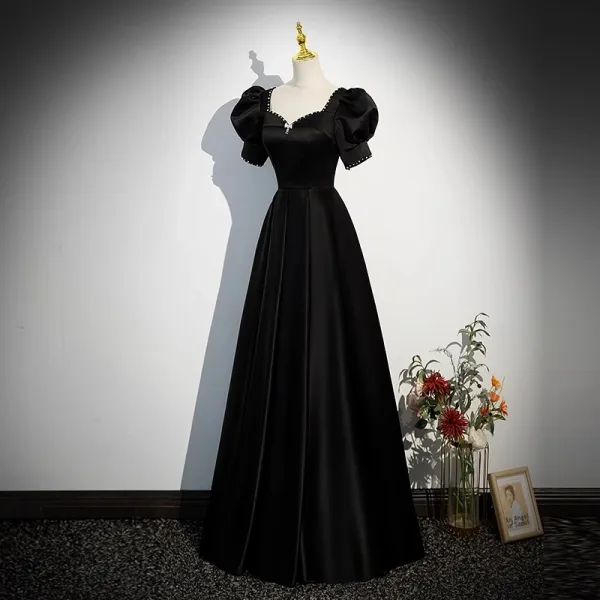Elegant Black Satin Evening Dresses 2023 A-Line / Princess Pearl Square Neckline Rhinestone Bow Puffy Short Sleeve Backless Floor-Length / Long Evening Party Formal Dresses