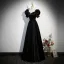 Elegant Black Satin Evening Dresses 2023 A-Line / Princess Pearl Square Neckline Rhinestone Bow Puffy Short Sleeve Backless Floor-Length / Long Evening Party Formal Dresses
