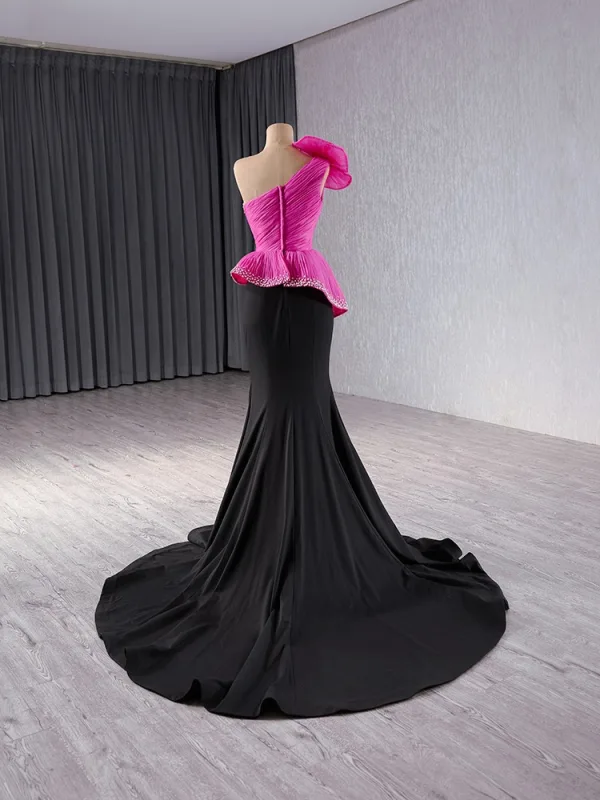 High-end Fuchsia Rhinestone Prom Dresses 2024 Trumpet / Mermaid One-Shoulder Appliques Sleeveless Backless Floor-Length / Long Prom Formal Dresses