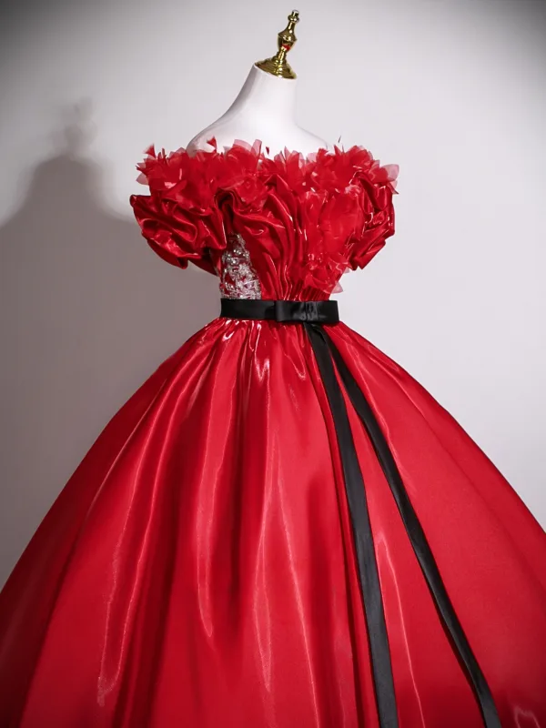 Chic / Beautiful Red Appliques Bow Sash Prom Dresses 2025 Ball Gown Off-The-Shoulder Short Sleeve Backless Floor-Length / Long Formal Dresses