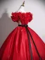 Chic / Beautiful Red Appliques Bow Sash Prom Dresses 2025 Ball Gown Off-The-Shoulder Short Sleeve Backless Floor-Length / Long Formal Dresses