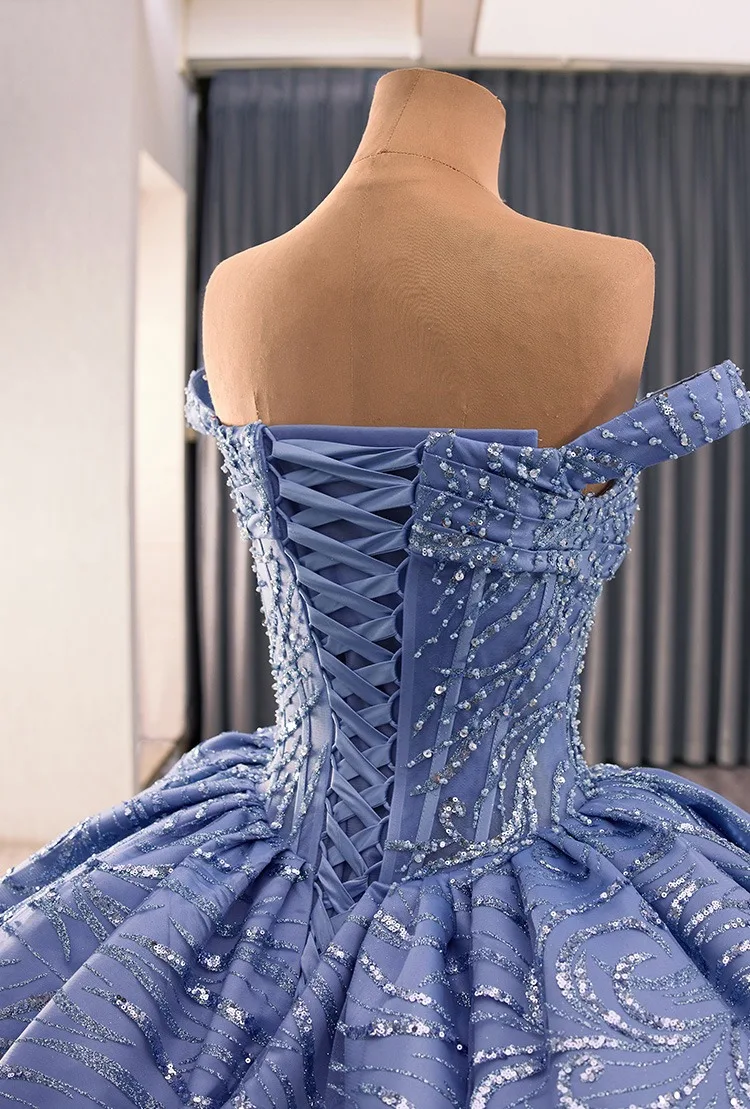 High End Ocean Blue Handmade Beading Sequins Prom Dresses 2014 Ball Gown  Off The Shoulder Sleeveless Backless Royal Train Formal Dresses