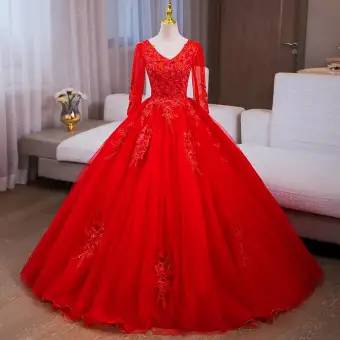 Vintage Originale Rouge Paillettes En Dentelle Fleur Appliques Robe De Bal 2024 Robe Boule V Cou Manches Longues Dos Nu Longue Promo Robe De Ceremonie