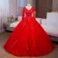 Vintage / Retro Red Sequins Lace Flower Appliques Prom Dresses 2024 Ball Gown V-Neck Long Sleeve Backless Floor-Length / Long Prom Formal Dresses