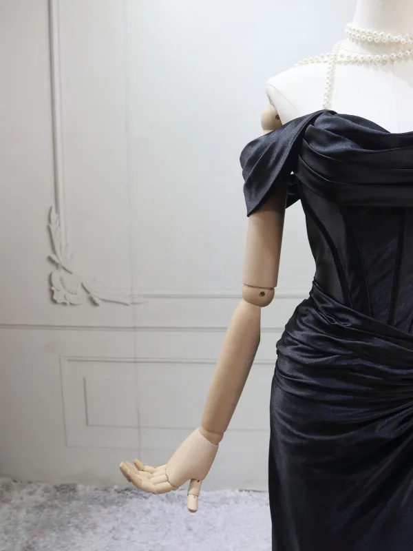 Sexy Schwarz Gespaltete Front Abendkleider 2025 Meerjungfrau Off Shoulder Ärmellos Rückenfreies Sweep / Pinsel Zug Abend Festliche Kleider