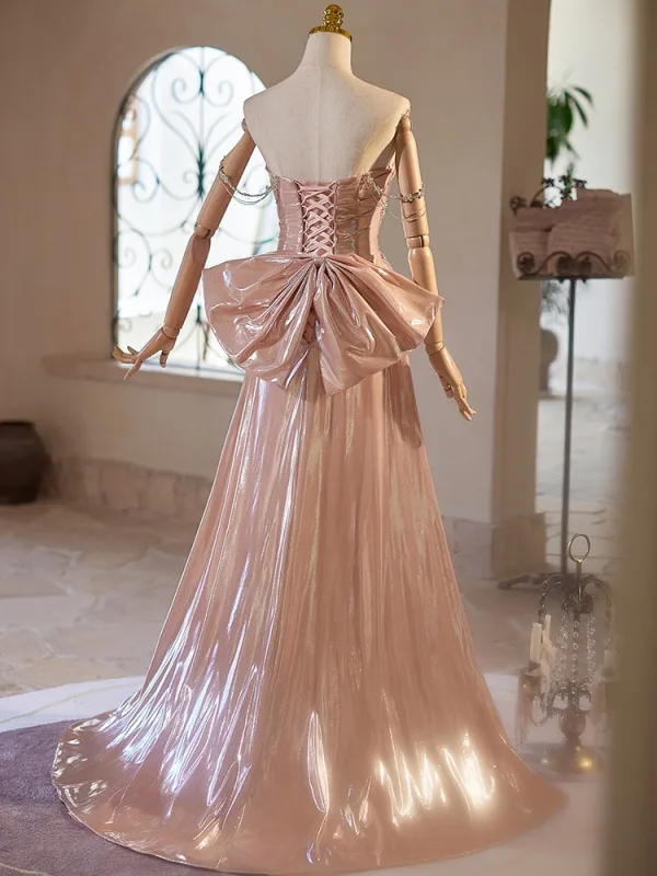 Mode Rougissant Rose Faux Diamant Noeud Robe De Bal 2024 Princesse Bustier Sans Manches Dos Nu Train De Balayage Promo Robe De Ceremonie